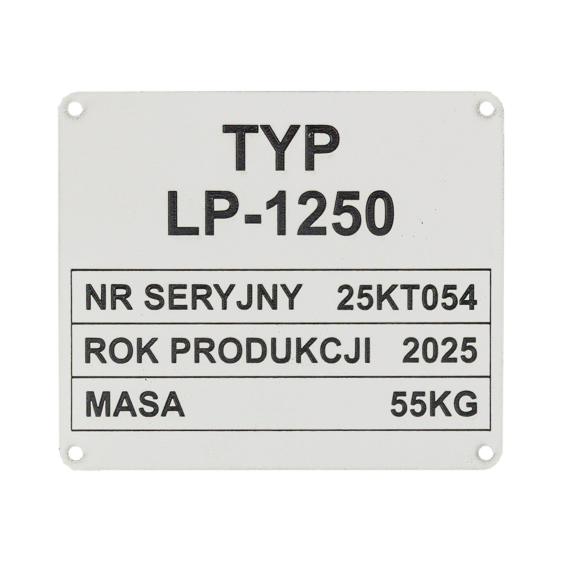 Tabliczka znamionowa z numerem seryjnym i masą
